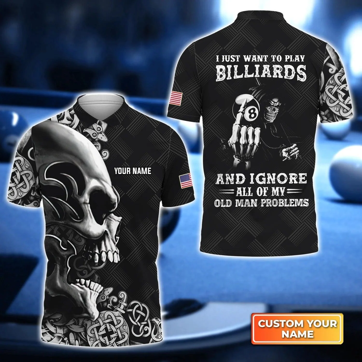 Custom Billiard Men Polo Shirt, Skull Billiards 8-Ball Pool Player Old Men Personalized Name Polo Shirt, Perfect Gift For Billiard Lovers, Players