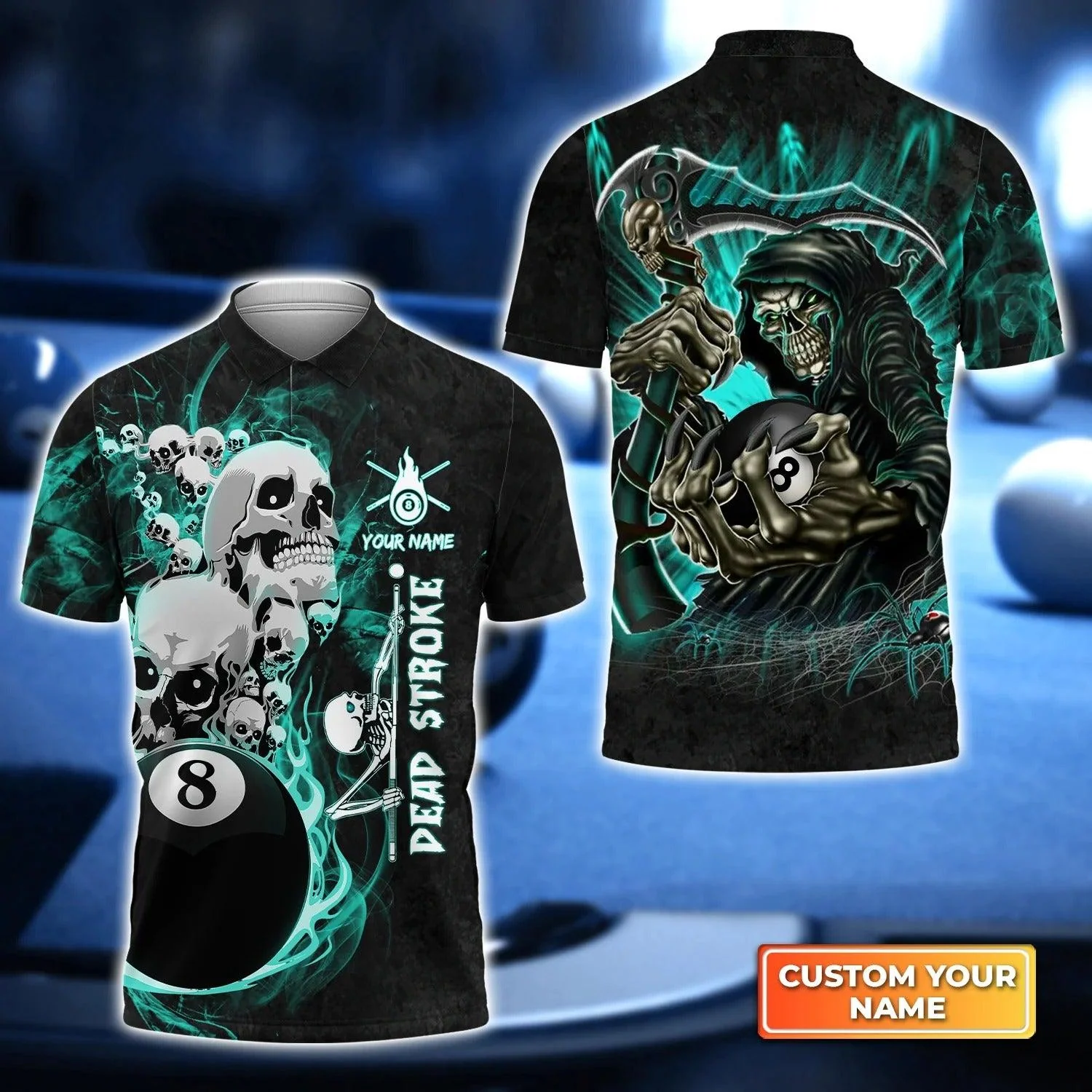 Custom Billiard Men Polo Shirt - Skull Grim Reaper Billiards Personalized Name Polo Shirt, Perfect Billiard Polo Shirt For Men, Billiard Players