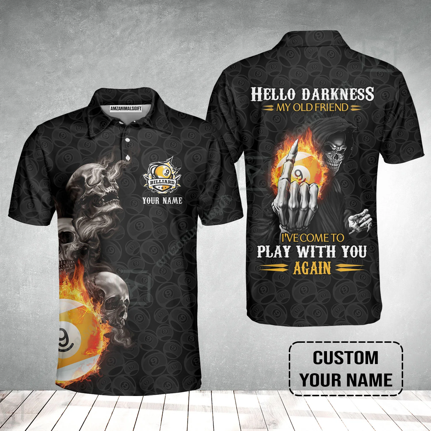 Custom Billiard Men Polo Shirt - Skull Reaper Billiard Pool 9 Ball Hello Darkness My Old Friend Personalized Name Polo Shirt - Image 2