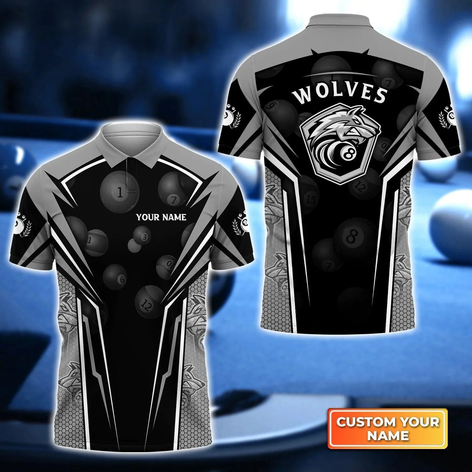 Custom Billiard Men Polo Shirt - Wolf Team Pool Eight Ball Billiard Personalized Name Polo Shirt, Perfect Billiard Polo Shirt For Men, Billiard Players