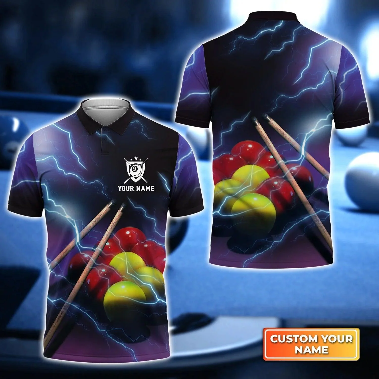 Custom Billiard Men Polo Shirt - Yellow and Red Billiard Ball Thunder Lightning Personalized Name, Perfect Billiard Polo Shirt For Men,Billiard Players