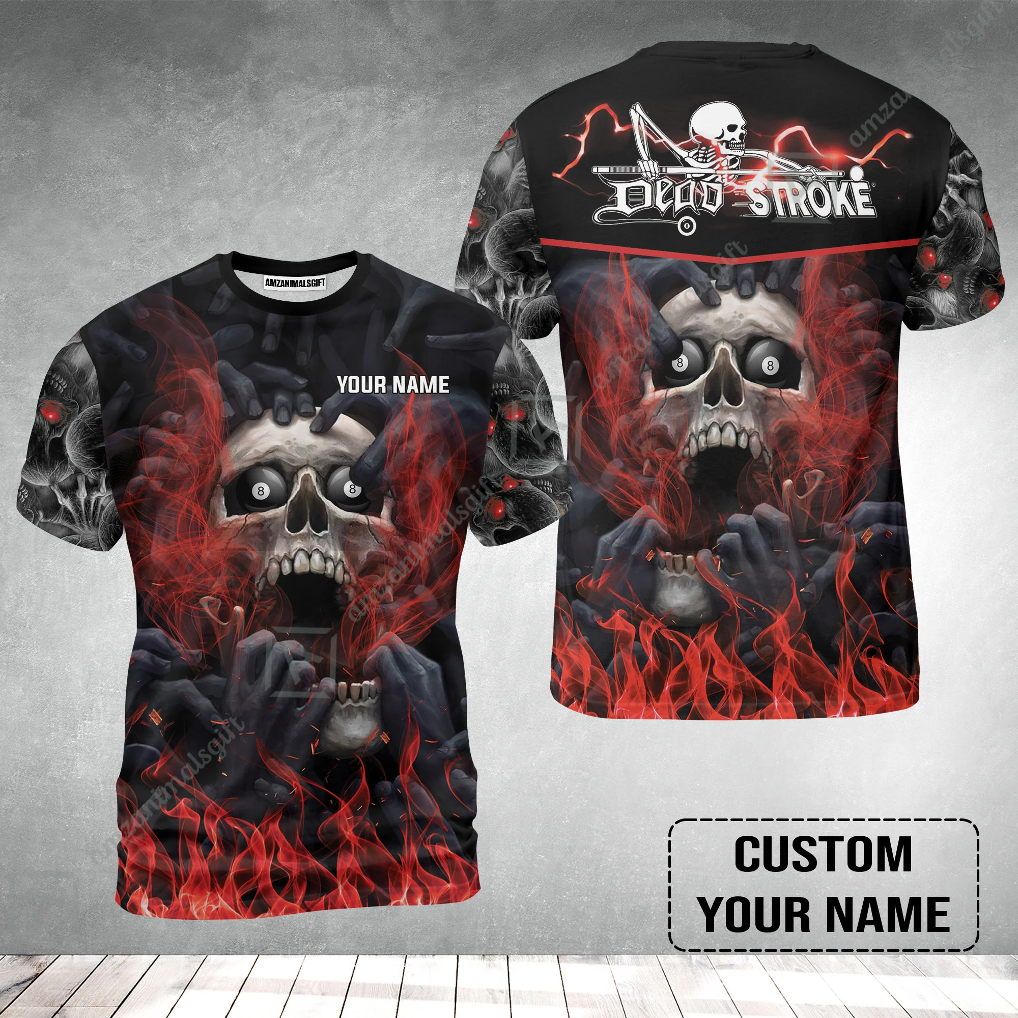 Custom Billiard T-Shirt - Dead Stroke Pool 8 Ball Skull On Fire Personalized Name, Perfect Billiard T-Shirt - Image 2