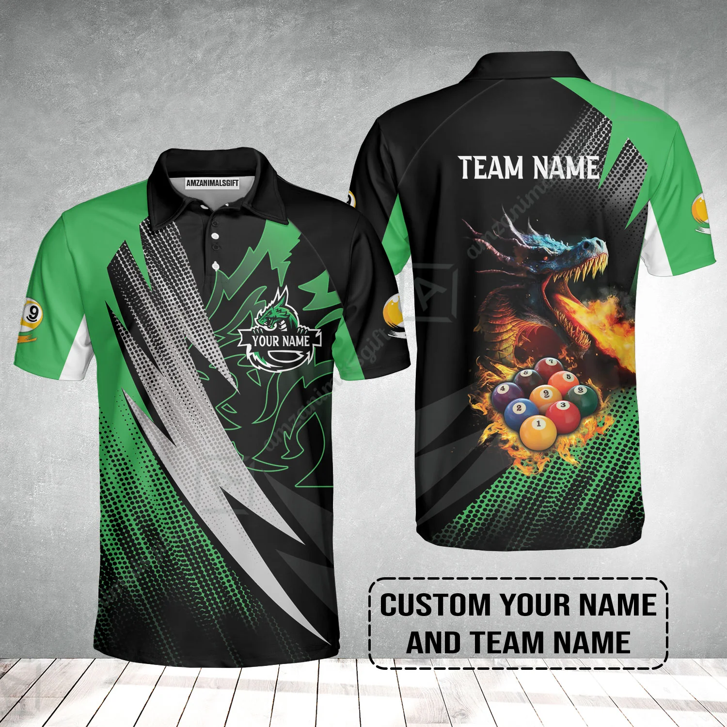Custom Billiards Men Polo Shirt, Custom Name And Team Name Billiards Pool 9 Ball Dragon Green Pattern Polo Shirt - Image 2