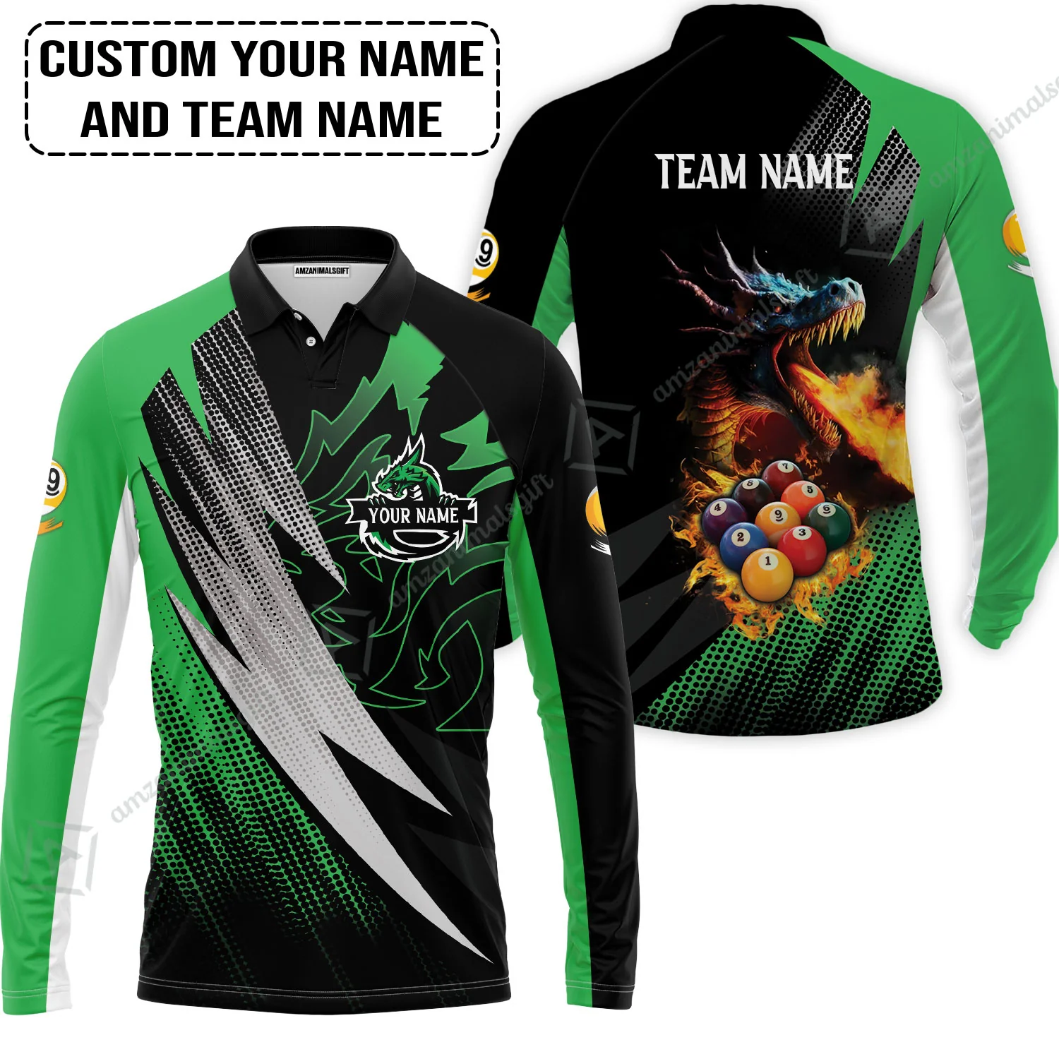 Custom Billiards Men Polo Shirt, Custom Name And Team Name Billiards Pool 9 Ball Dragon Green Pattern Polo Shirt - Image 3