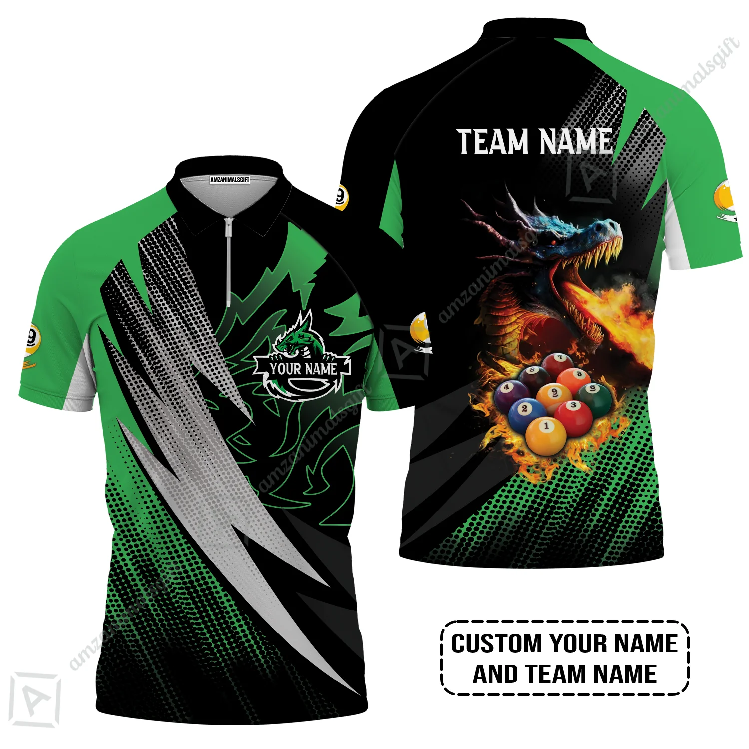 Custom Billiards Men Polo Shirt, Custom Name And Team Name Billiards Pool 9 Ball Dragon Green Pattern Polo Shirt - Image 4