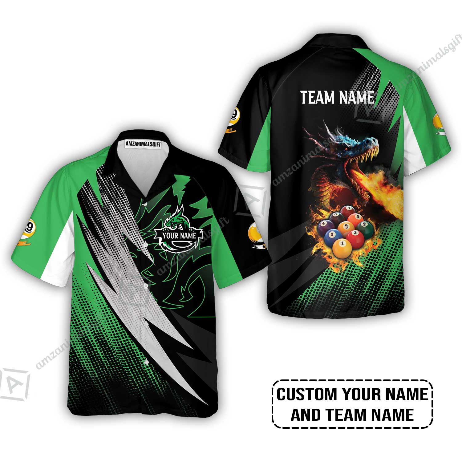 Custom Billiards Men Polo Shirt, Custom Name And Team Name Billiards Pool 9 Ball Dragon Green Pattern Polo Shirt - Image 5