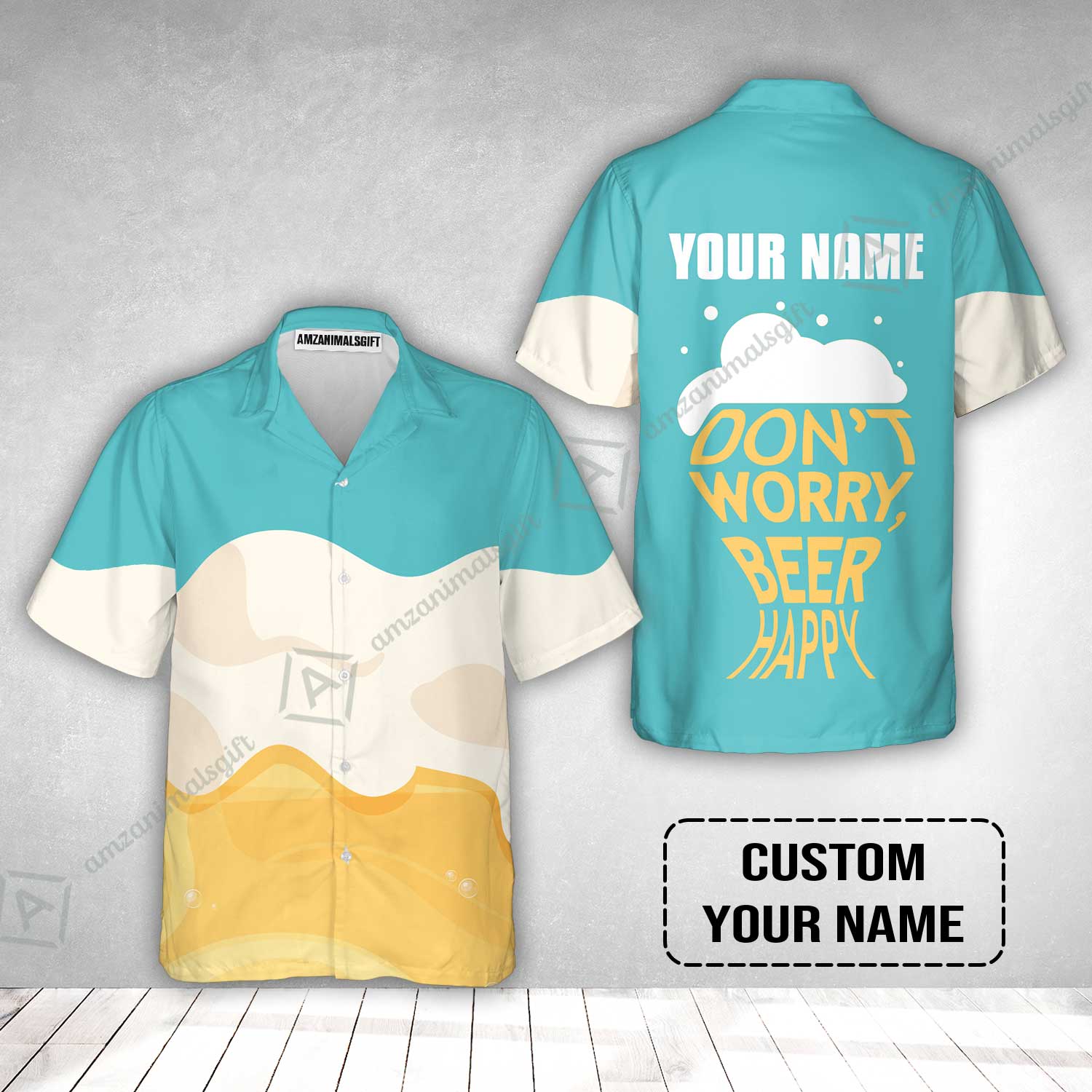 Custom Blue White Yellow Pattern Beer Pattern Design Oktoberfest Beer Festival Performance Hawaiian Shirt - Image 2