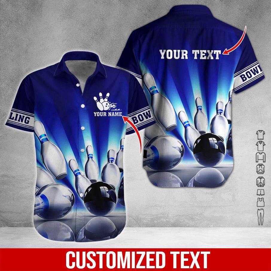 Custom Bowling Aloha Hawaiian Shirt - Bowling Ball And Blue Background Bowling Personalized Name Hawaiian Shirt For Men & Women, Bowling Lover