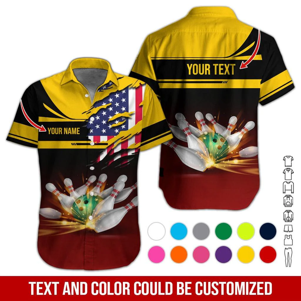 Custom Bowling Aloha Hawaiian Shirt - Cool Bowling Ball And American Flag Personalized Name Hawaiian Shirt For Men & Women, Bowling Lover
