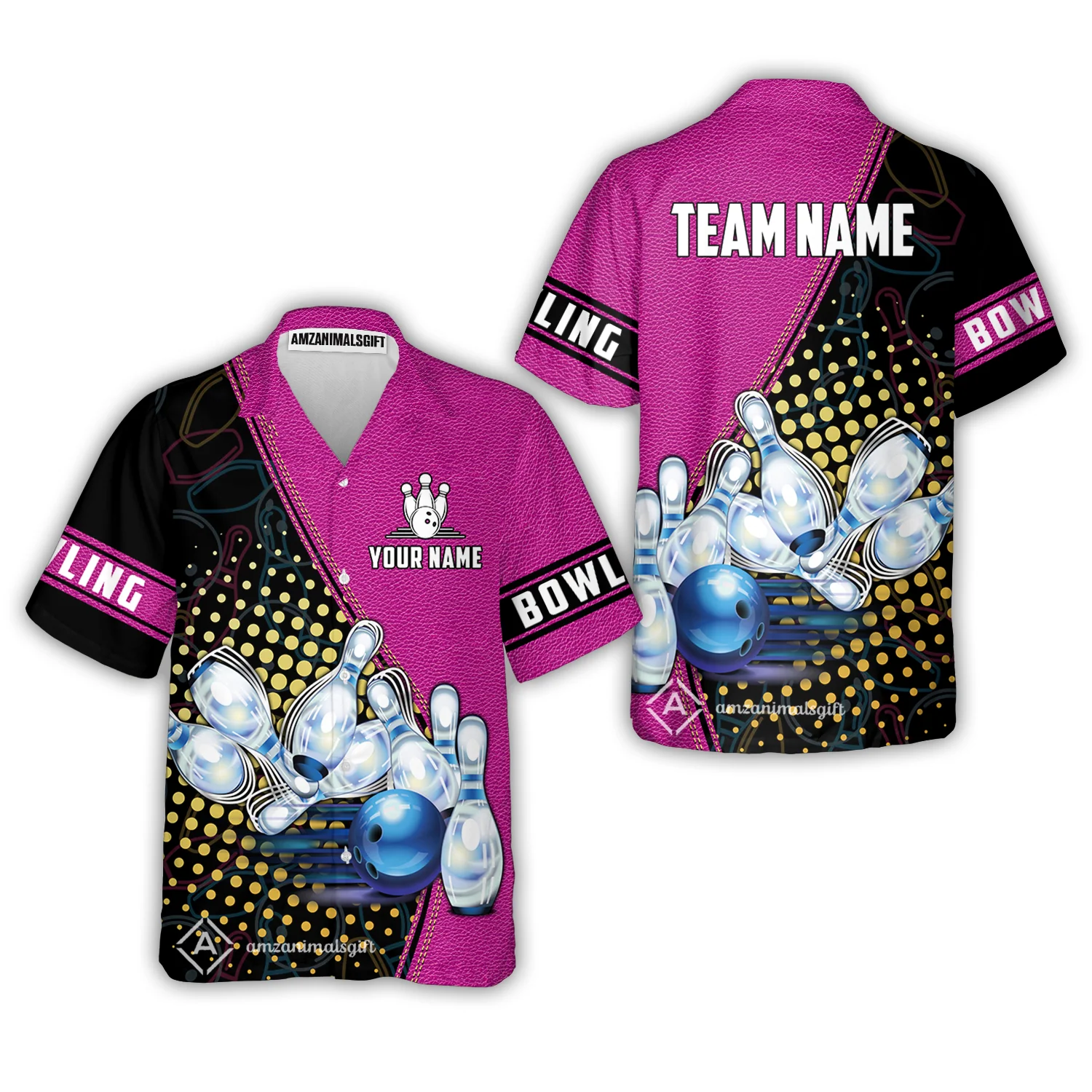 Custom Bowling Hawaiian Shirt - Black And Blue Bowling Ball Pattern Personalized Name Hawaiian Shirt - Image 4