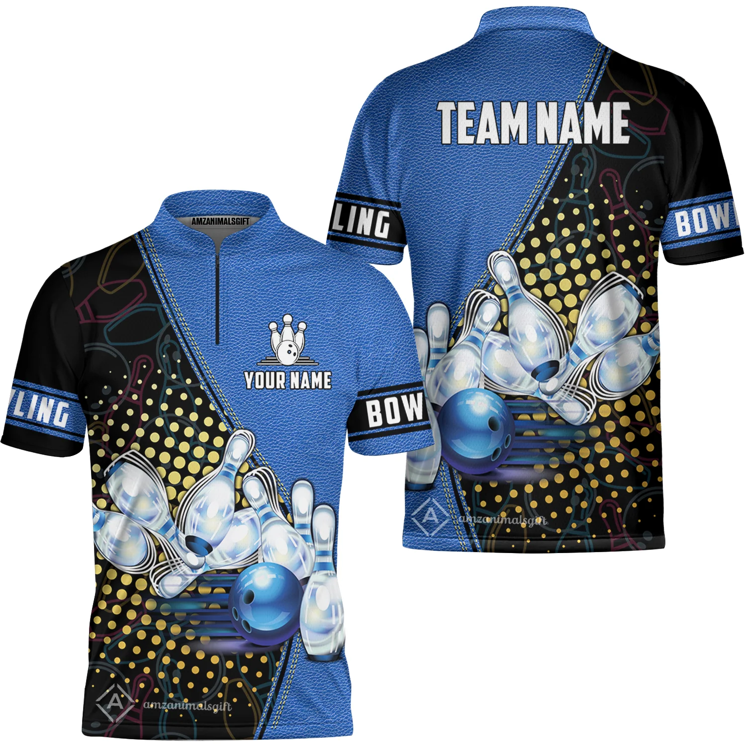 Custom Bowling Jersey - Black And Blue Bowling Ball Pattern Personalized Name Bowling Jersey - Image 2
