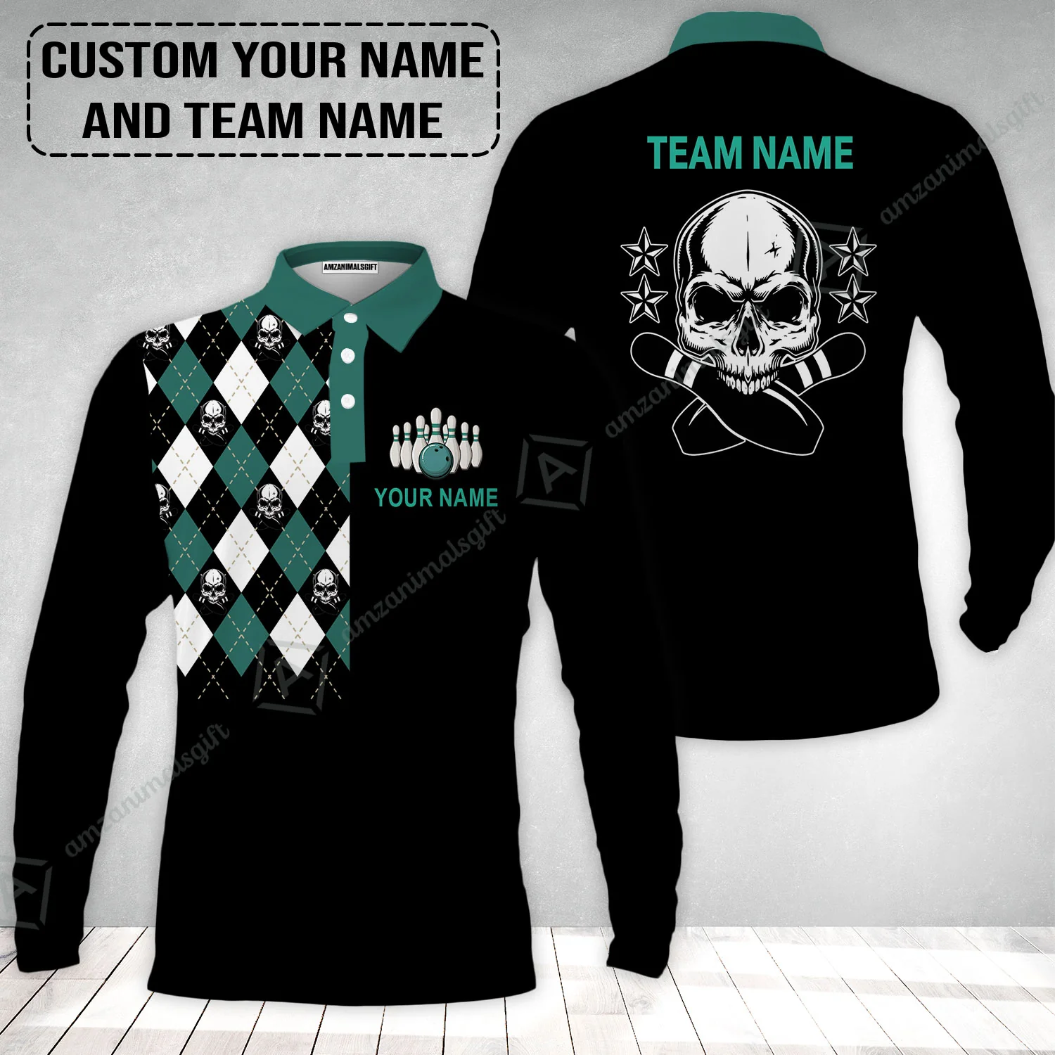 Custom Bowling Long Polo Shirt - Custom Name Skull Black Bowling Personalized Long Polo Shirt - Image 2