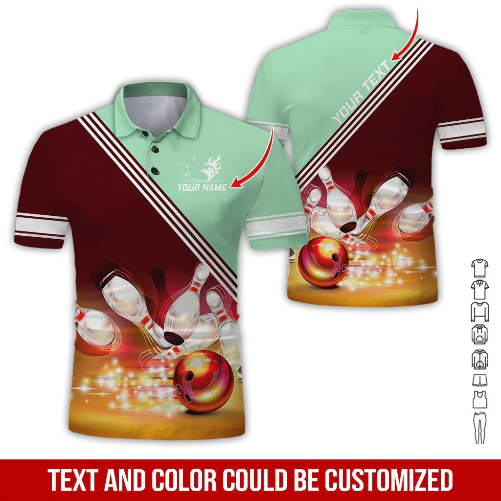 Custom Bowling Men Polo Shirt - Amazing Golden Bowling Ball Shine Personalized Name Polo Shirt - Perfect Bowling Gift For Men, Bowling Lover - Image 2