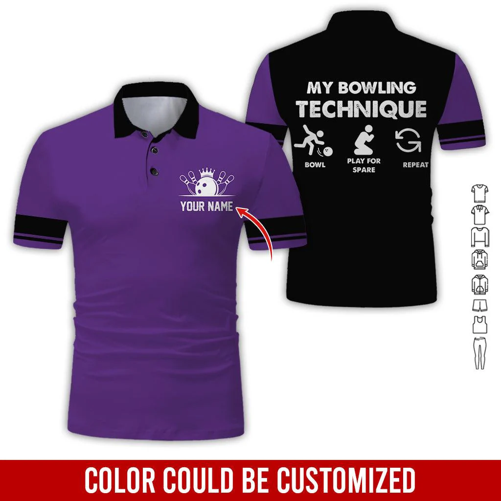 Custom Bowling Men Polo Shirt, Cool Bowling Ball Pattern, My Bowling Technique Personalized Name Polo Shirt, Perfect Bowling Gift For Men, Bowling Lover - Image 4