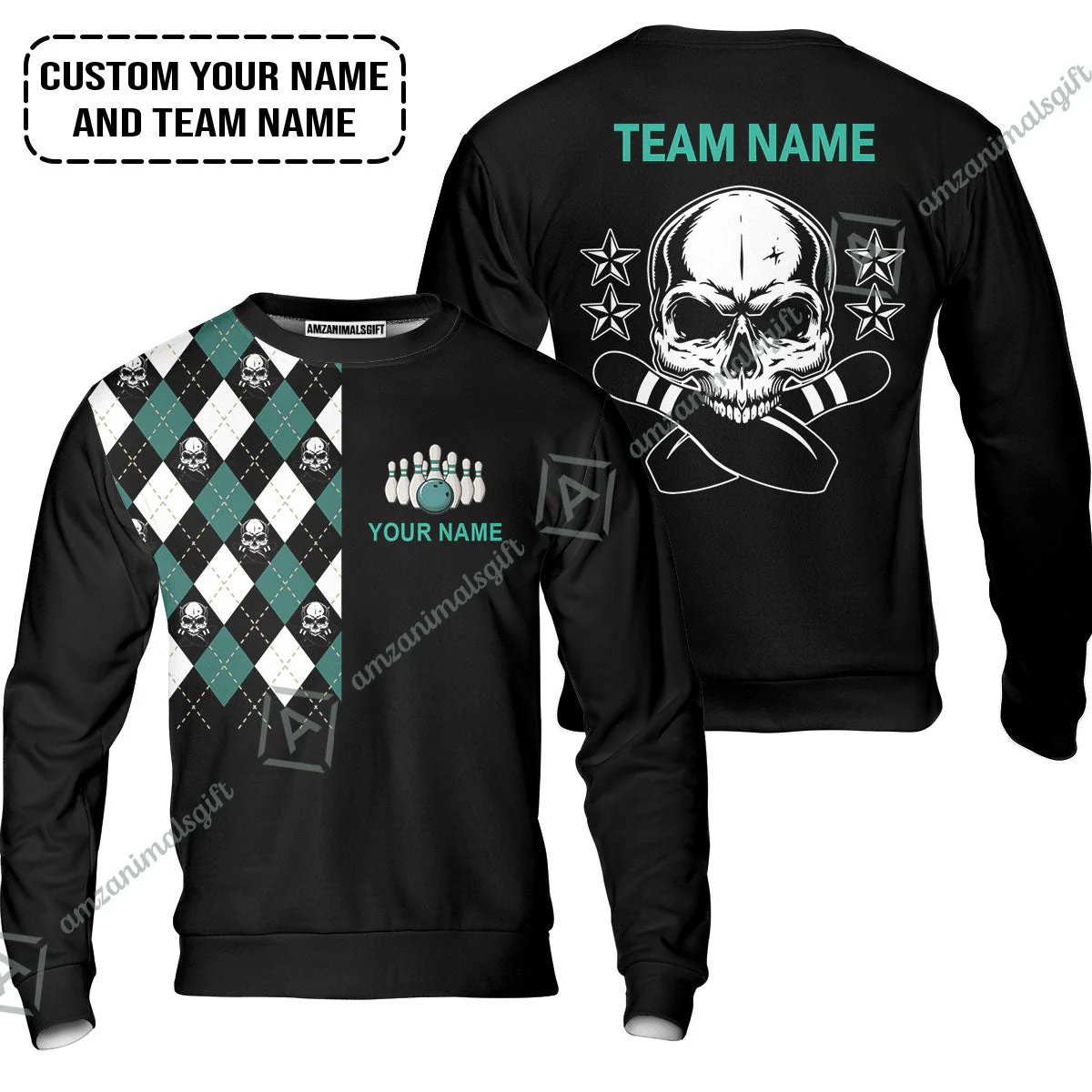 Custom Bowling Sweatshirt - Custom Name Skull Black Bowling Personalized Sweatshirt
