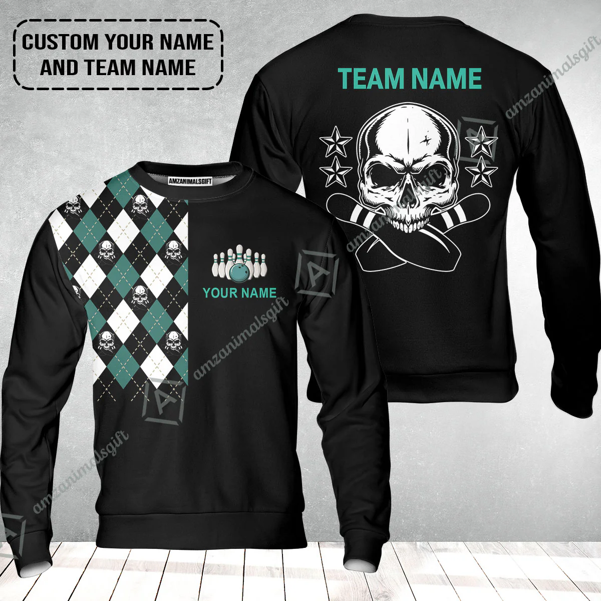 Custom Bowling Sweatshirt - Custom Name Skull Black Bowling Personalized Sweatshirt - Image 2