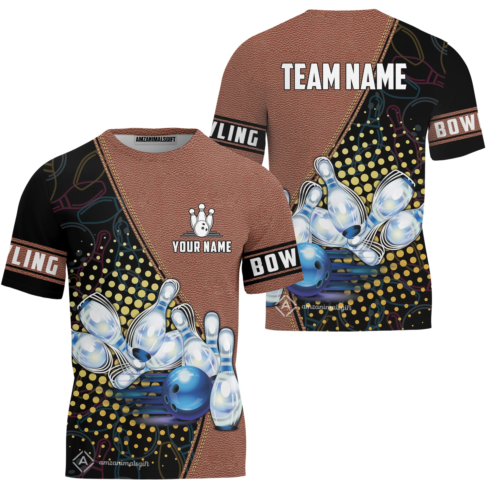 Custom Bowling T-Shirt - Black And Blue Bowling Ball Pattern Personalized Name T-Shirt - Image 3