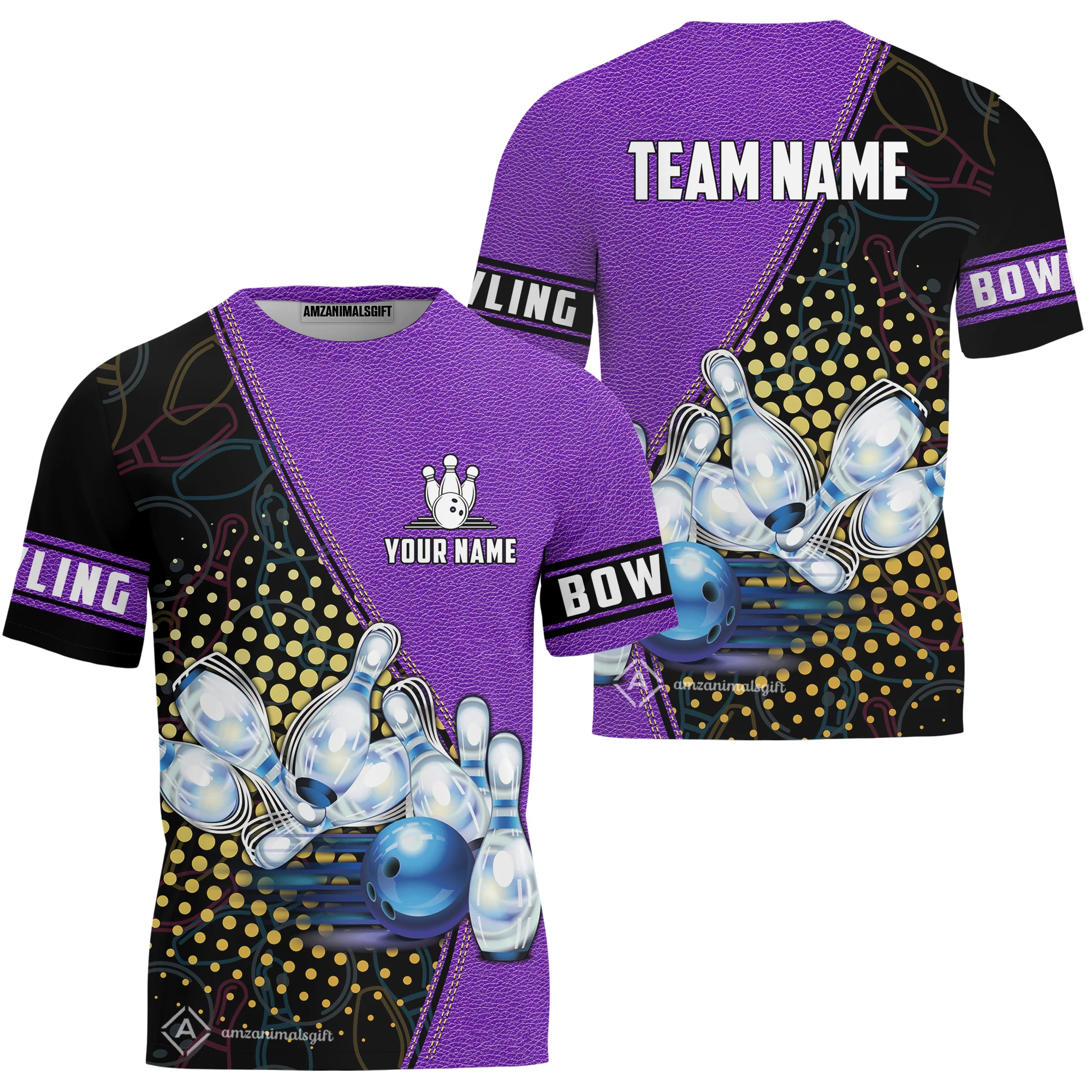 Custom Bowling T-Shirt - Black And Blue Bowling Ball Pattern Personalized Name T-Shirt - Image 5
