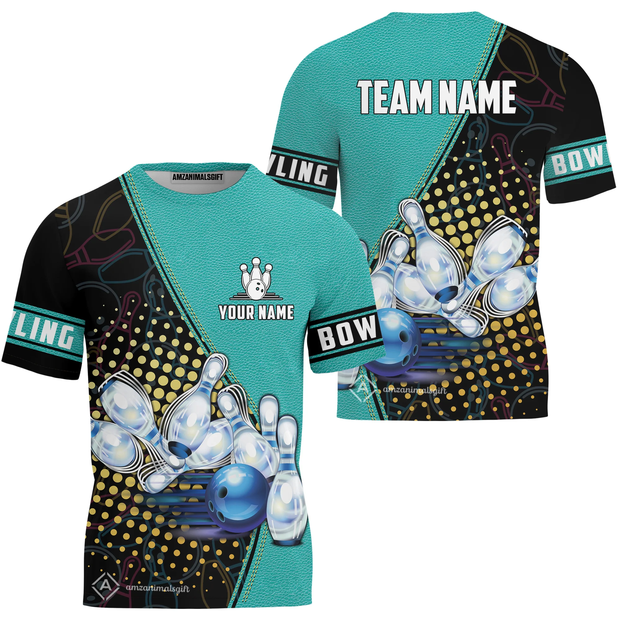 Custom Bowling T-Shirt - Black And Blue Bowling Ball Pattern Personalized Name T-Shirt - Image 7