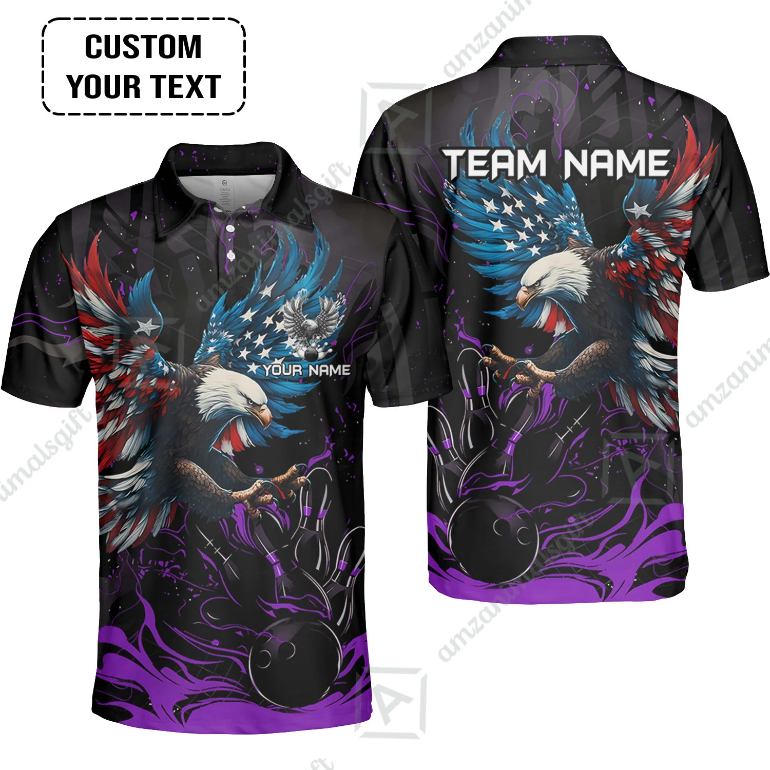 Custom Bowling Team Jerseys, Bowling uniforms Quarter-Zip Polo, Bowling Ball & Pins Almighty American Eagle Customized Name And Team Name - Image 6