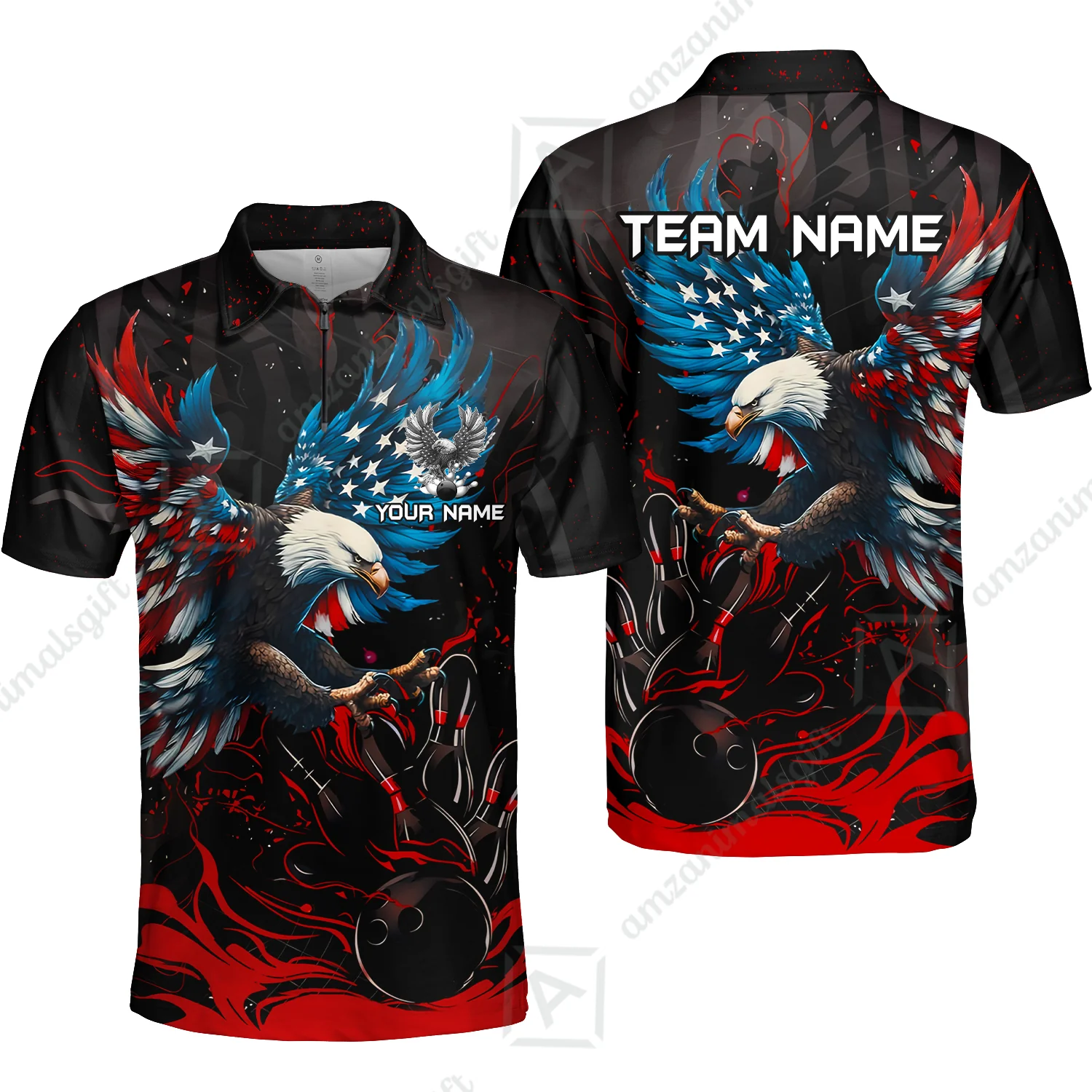 Custom Bowling Team Jerseys, Bowling uniforms Quarter-Zip Polo, Bowling Ball & Pins Almighty American Eagle Customized Name And Team Name - Image 53