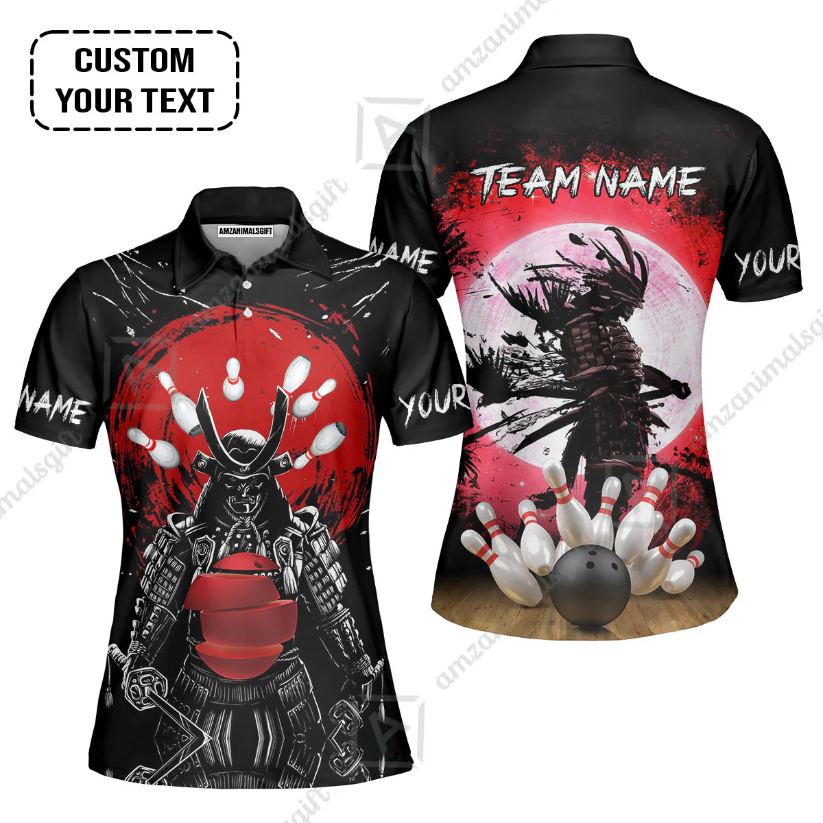 Custom Bowling Team Jerseys Polo Shirts, Bowling uniforms Ball And Pins Samurai Multicolor Options Personalized Name And Team Name - Image 3