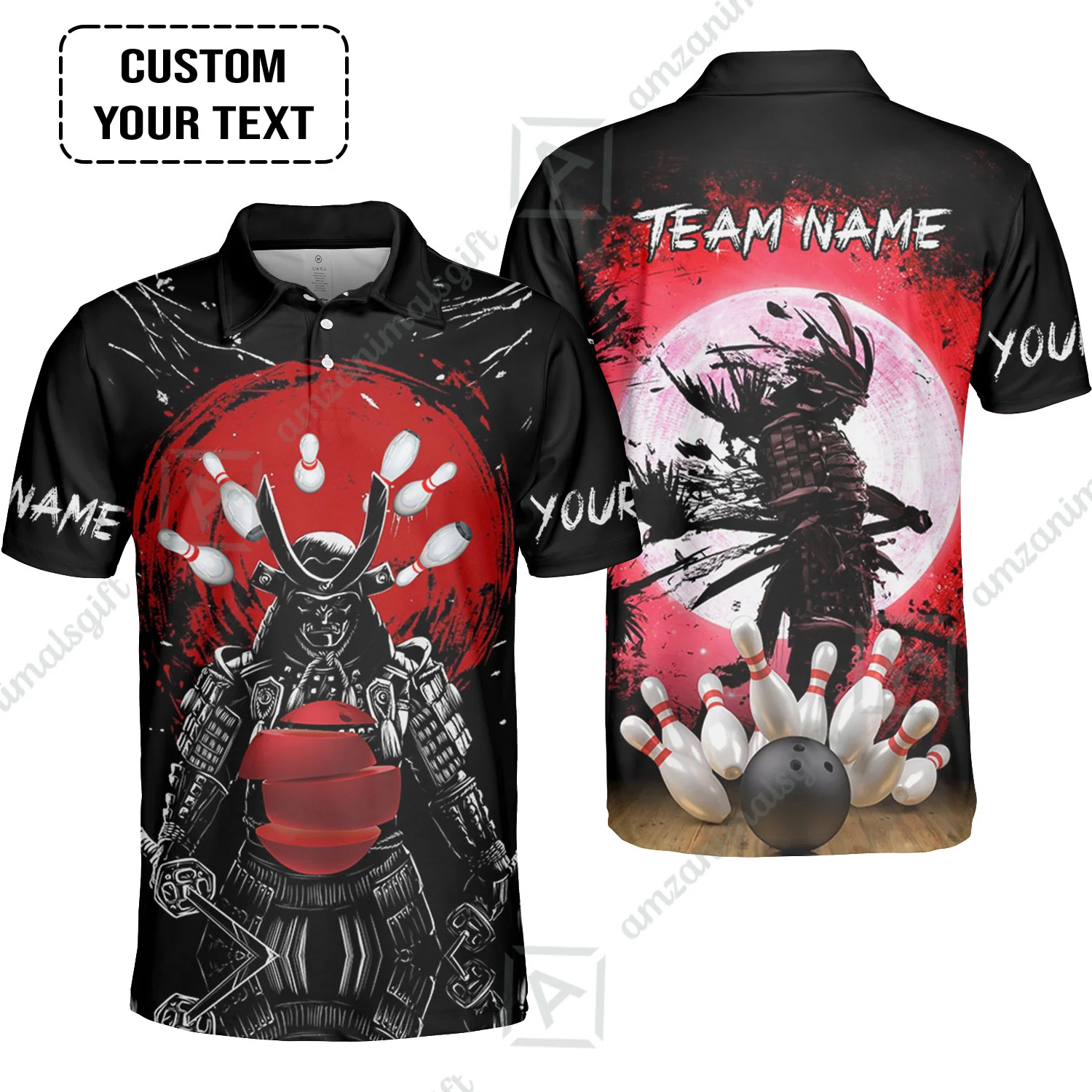 Custom Bowling Team Jerseys Polo Shirts, Bowling uniforms Ball And Pins Samurai Multicolor Options Personalized Name And Team Name - Image 4