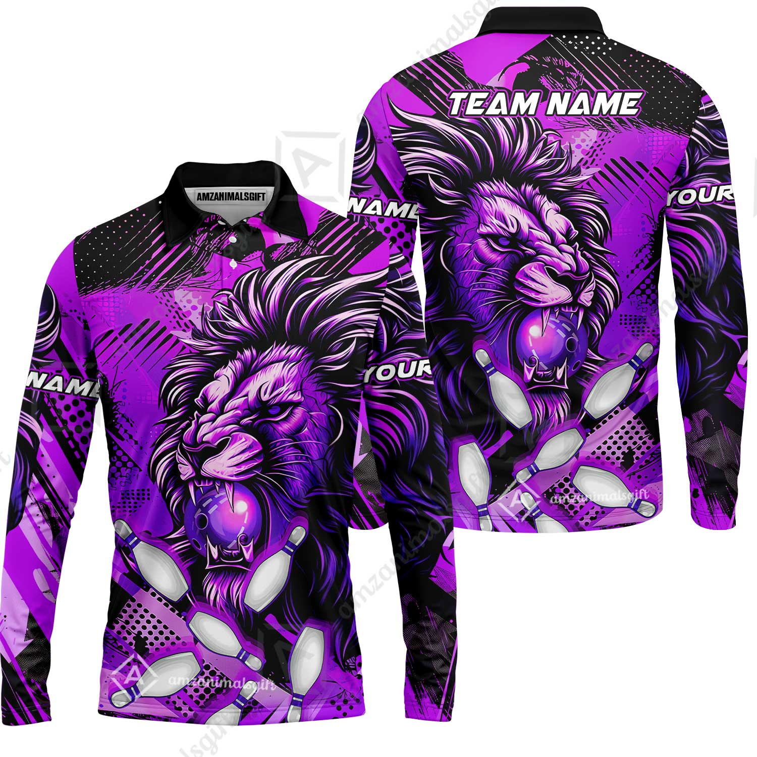 Custom Bowling Team Jerseys Shirts, Bowling uniforms Ball & Pins Lion Pattern Personalized Name And Team Name - Image 46