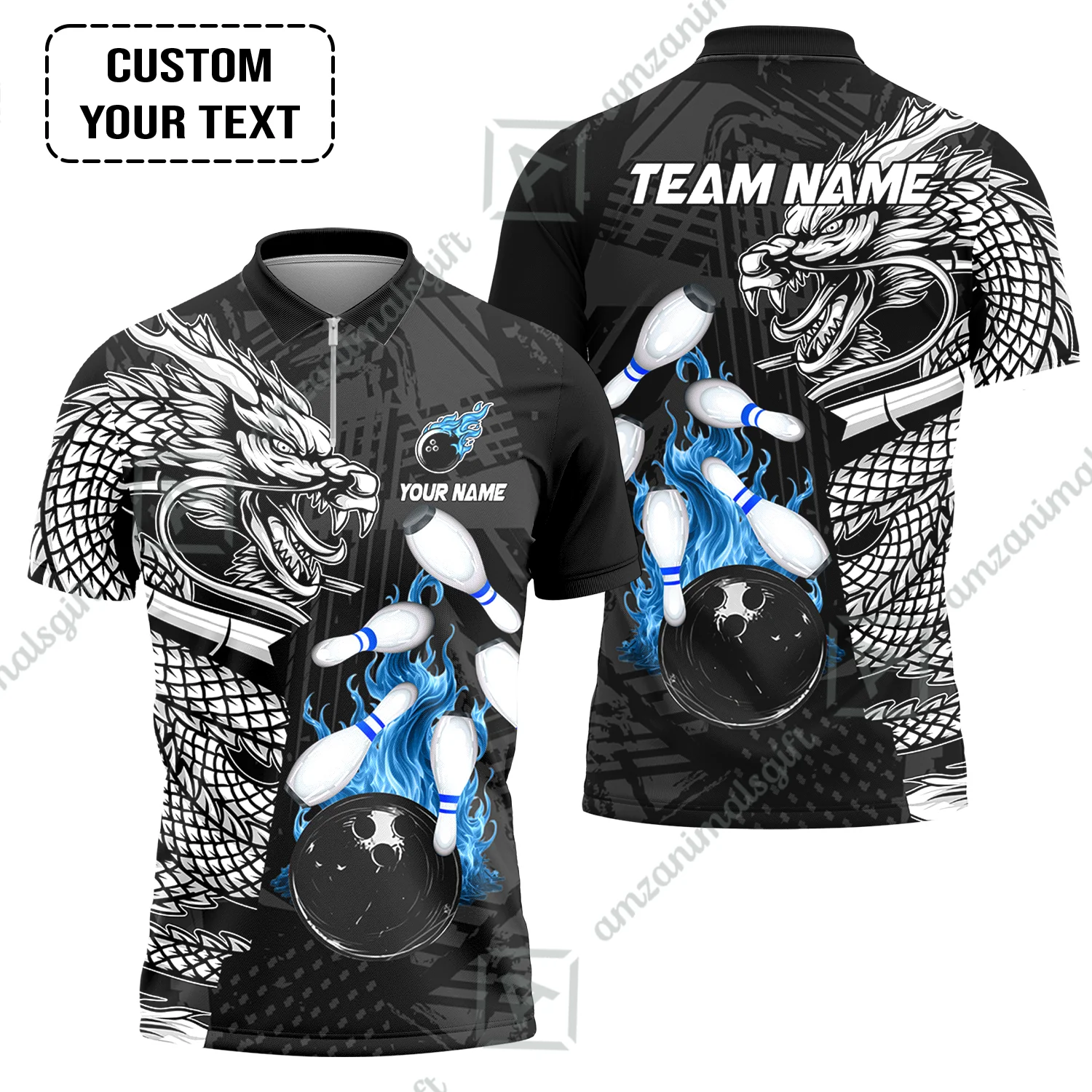 Custom Bowling Team Jerseys Polo Shirts, Bowling uniforms Bowling & Pins Dragon Flame Fire Multicolor Options Personalized Name And Team Name - Image 10
