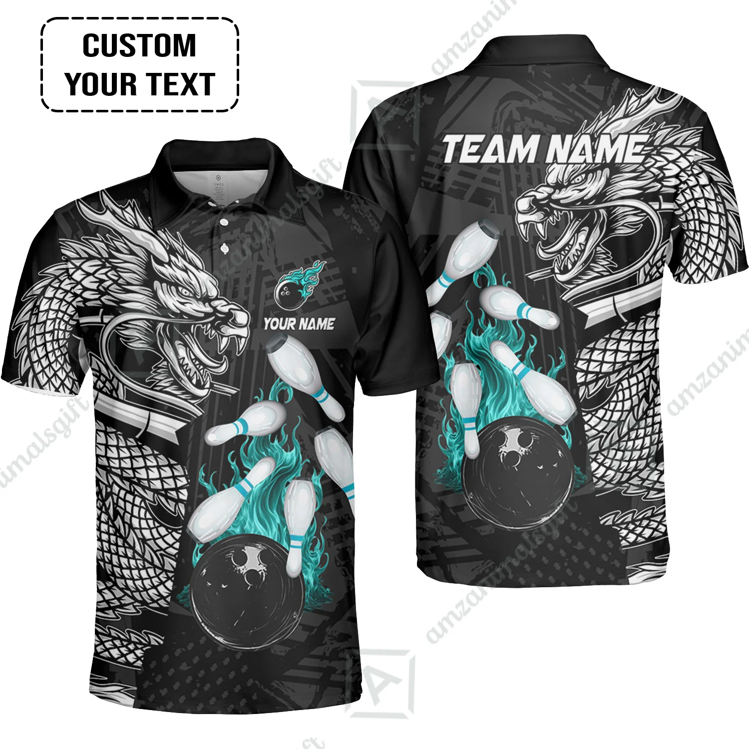 Custom Bowling Team Jerseys Polo Shirts, Bowling uniforms Bowling & Pins Dragon Flame Fire Multicolor Options Personalized Name And Team Name - Image 11
