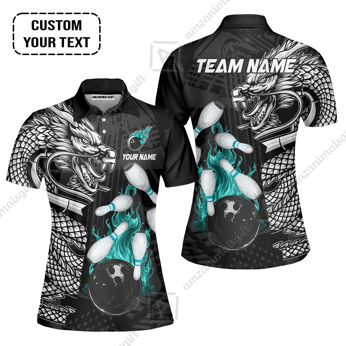 Custom Bowling Team Jerseys Polo Shirts, Bowling uniforms Bowling & Pins Dragon Flame Fire Multicolor Options Personalized Name And Team Name - Image 12