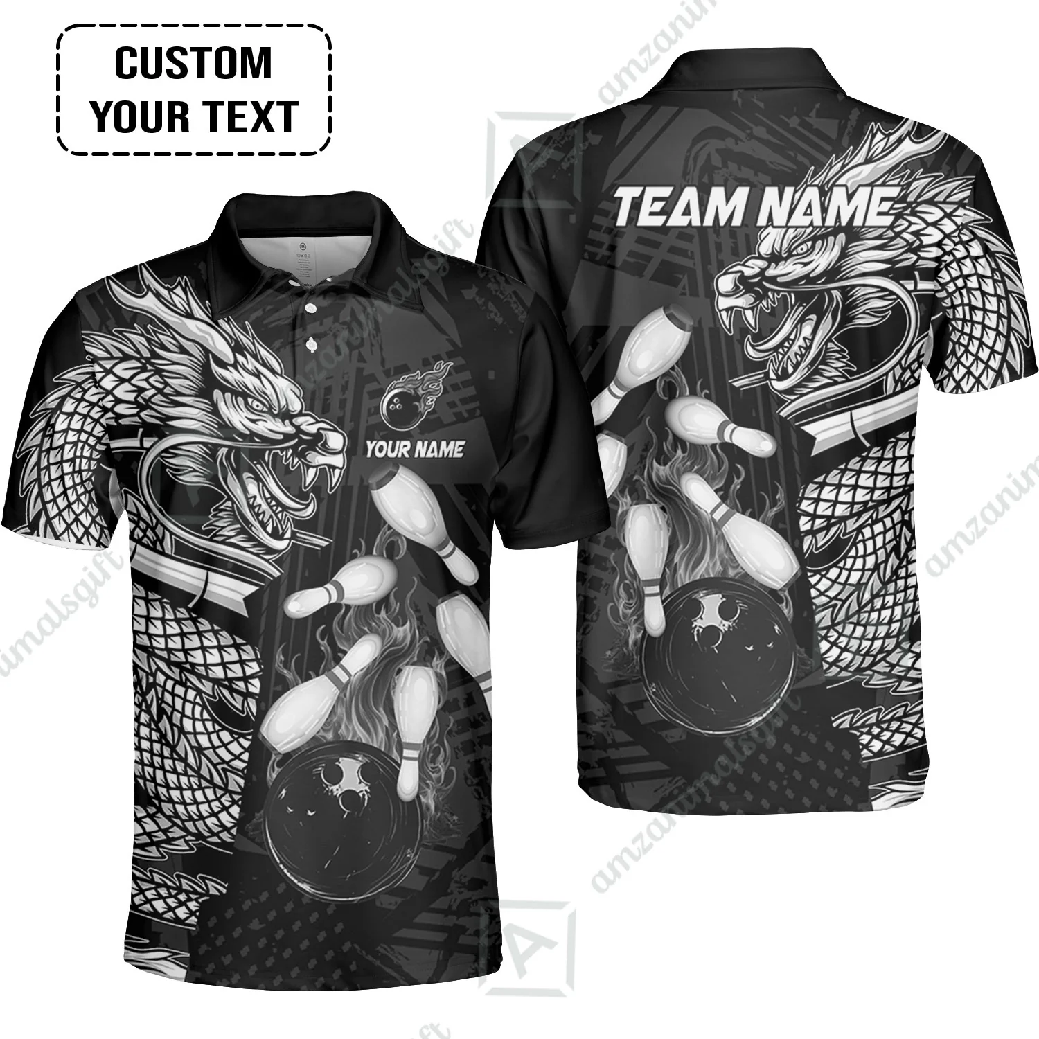Custom Bowling Team Jerseys Polo Shirts, Bowling uniforms Bowling & Pins Dragon Flame Fire Multicolor Options Personalized Name And Team Name - Image 14