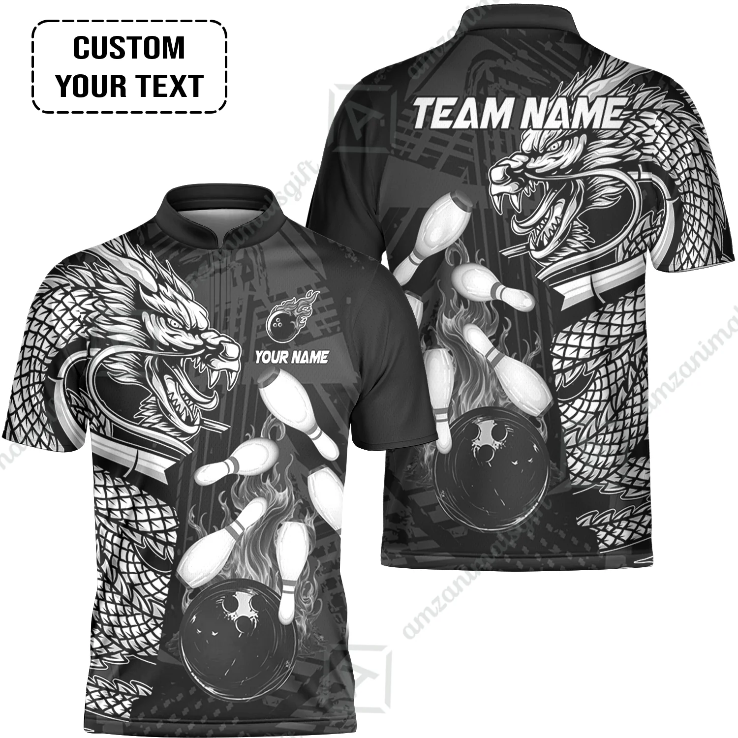 Custom Bowling Team Jerseys Polo Shirts, Bowling uniforms Bowling & Pins Dragon Flame Fire Multicolor Options Personalized Name And Team Name - Image 15