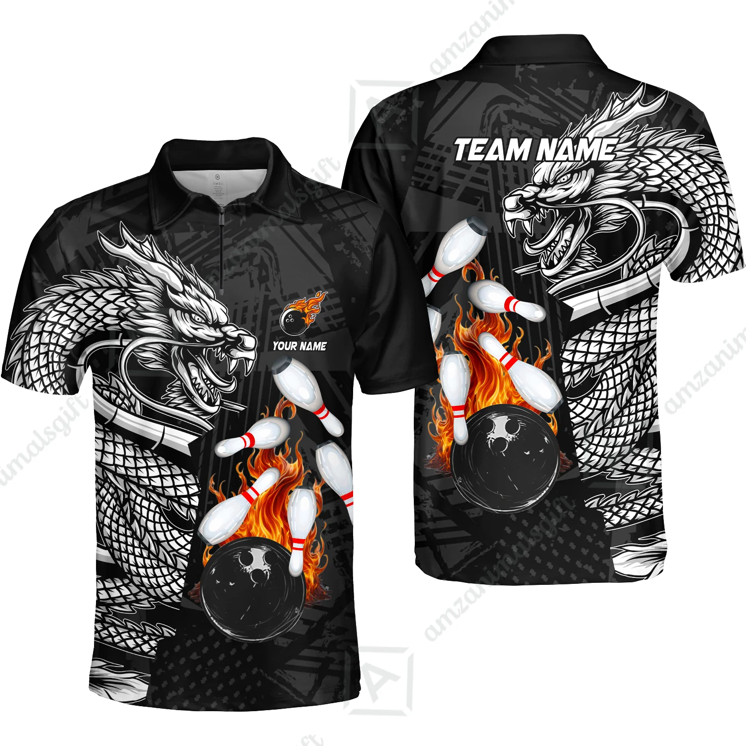 Custom Bowling Team Jerseys Polo Shirts, Bowling uniforms Bowling & Pins Dragon Flame Fire Multicolor Options Personalized Name And Team Name - Image 18