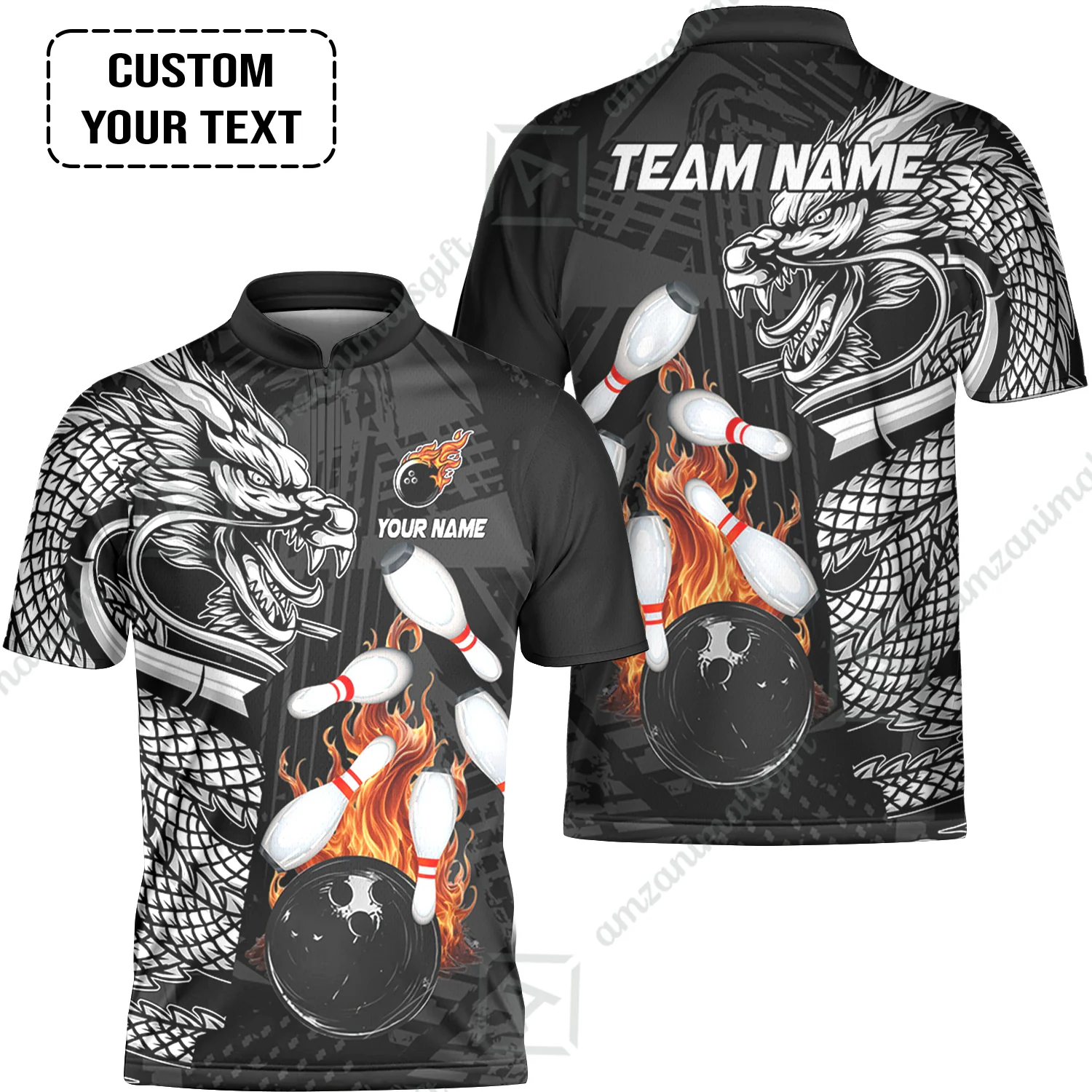 Custom Bowling Team Jerseys Polo Shirts, Bowling uniforms Bowling & Pins Dragon Flame Fire Multicolor Options Personalized Name And Team Name - Image 2
