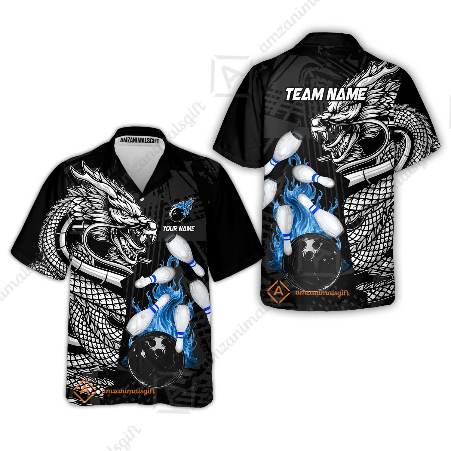 Custom Bowling Team Jerseys Polo Shirts, Bowling uniforms Bowling & Pins Dragon Flame Fire Multicolor Options Personalized Name And Team Name - Image 25