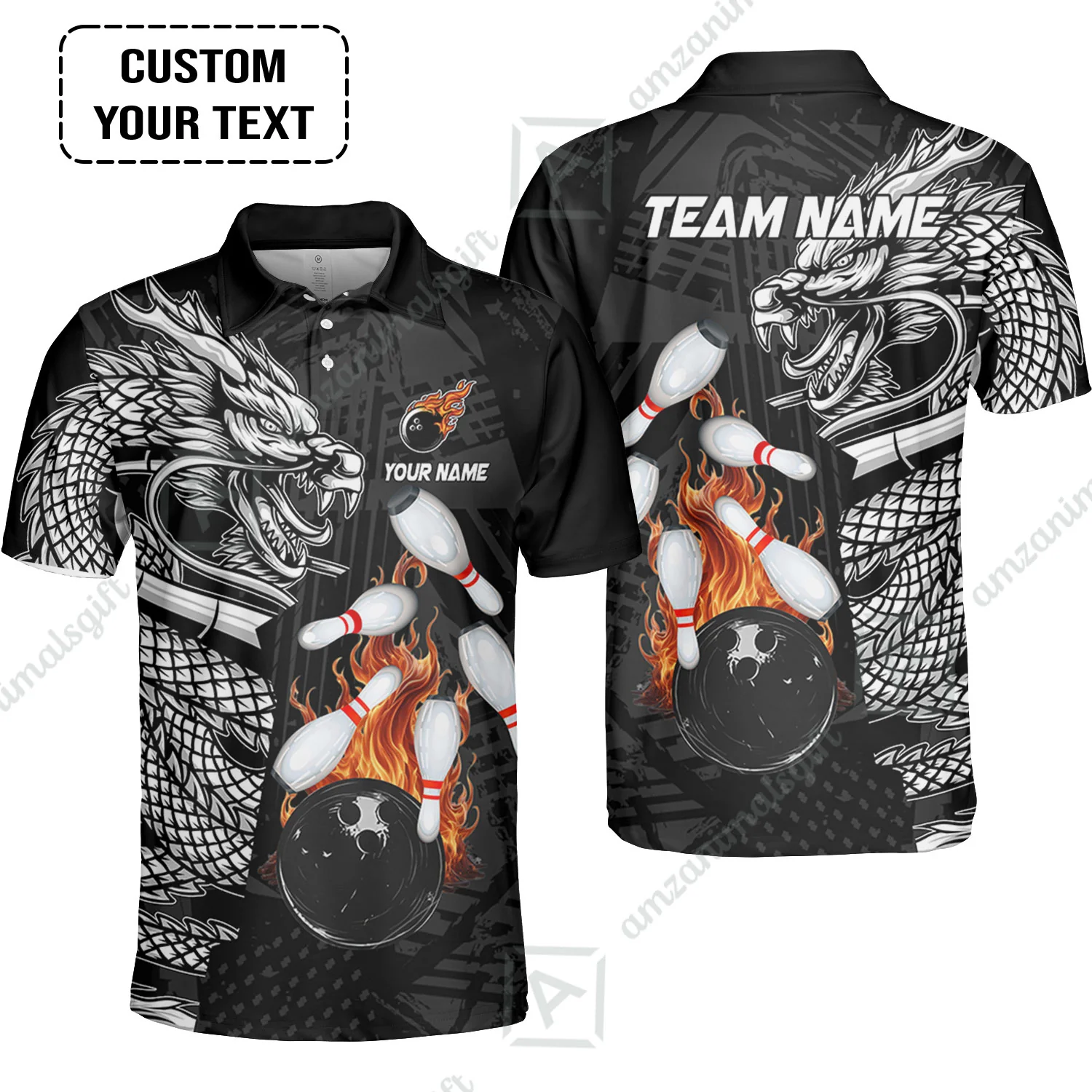 Custom Bowling Team Jerseys Polo Shirts, Bowling uniforms Bowling & Pins Dragon Flame Fire Multicolor Options Personalized Name And Team Name - Image 3