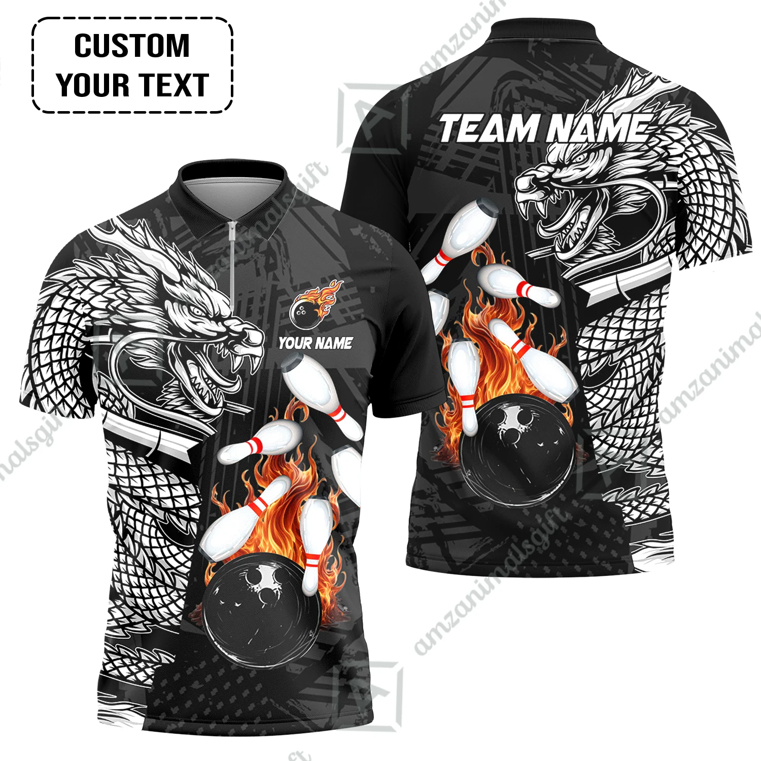 Custom Bowling Team Jerseys Polo Shirts, Bowling uniforms Bowling & Pins Dragon Flame Fire Multicolor Options Personalized Name And Team Name - Image 4