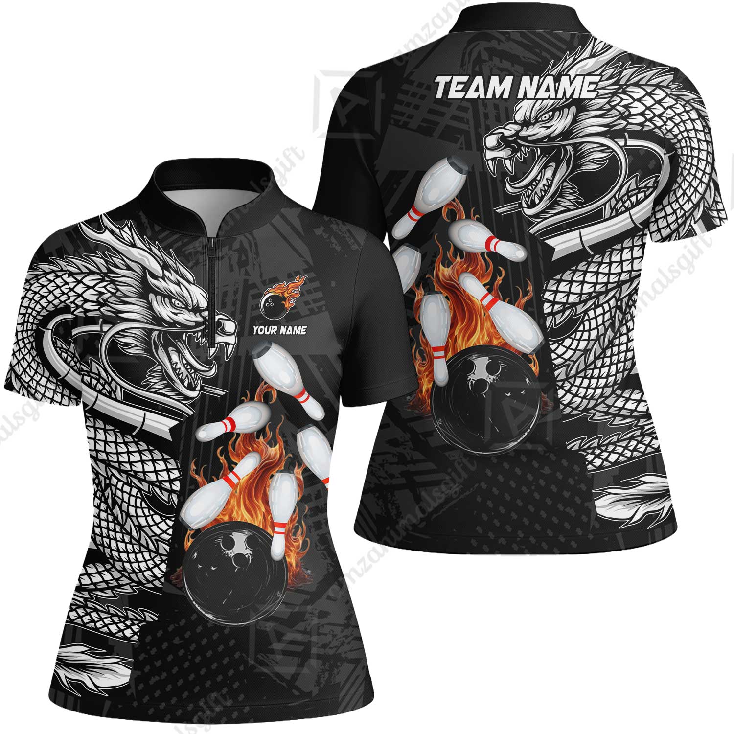 Custom Bowling Team Jerseys Polo Shirts, Bowling uniforms Bowling & Pins Dragon Flame Fire Multicolor Options Personalized Name And Team Name - Image 44