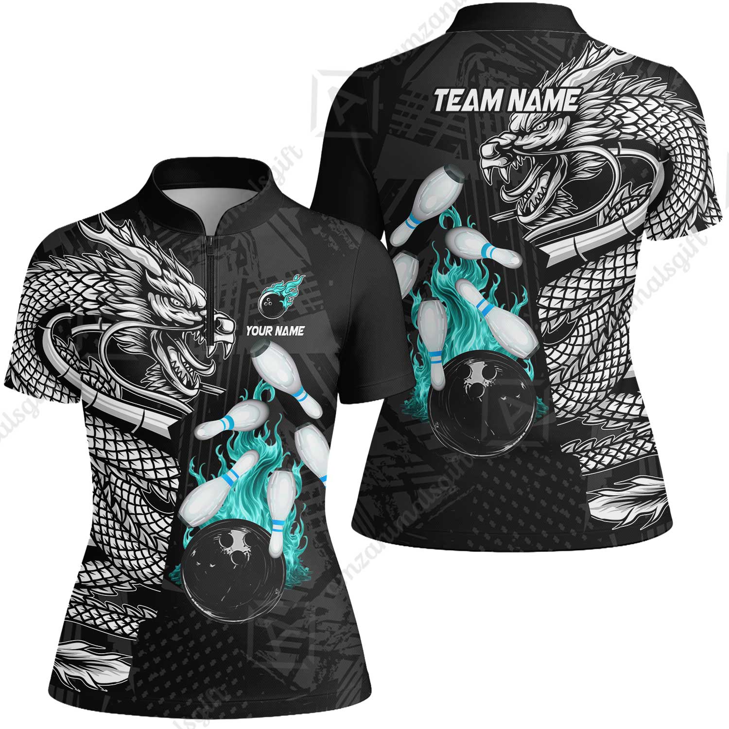 Custom Bowling Team Jerseys Polo Shirts, Bowling uniforms Bowling & Pins Dragon Flame Fire Multicolor Options Personalized Name And Team Name - Image 47