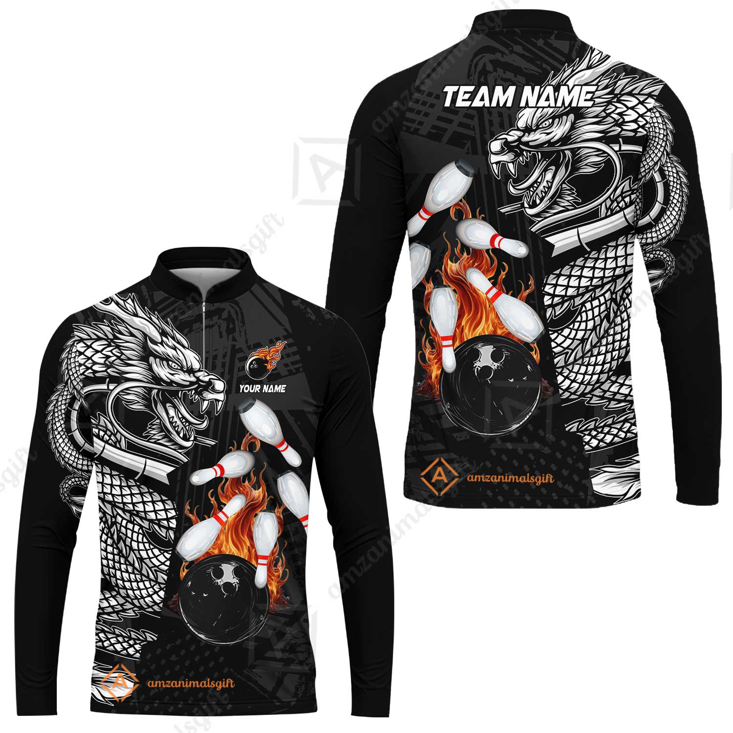 Custom Bowling Team Jerseys Polo Shirts, Bowling uniforms Bowling & Pins Dragon Flame Fire Multicolor Options Personalized Name And Team Name - Image 49