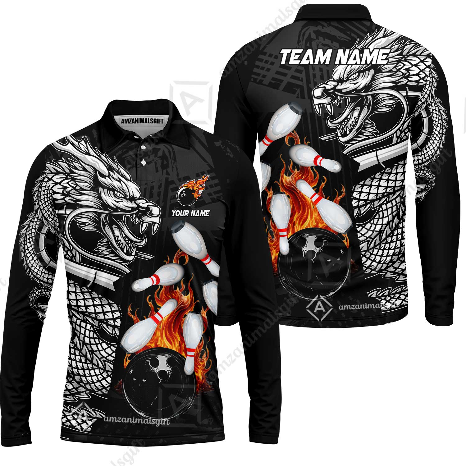 Custom Bowling Team Jerseys Polo Shirts, Bowling uniforms Bowling & Pins Dragon Flame Fire Multicolor Options Personalized Name And Team Name - Image 50
