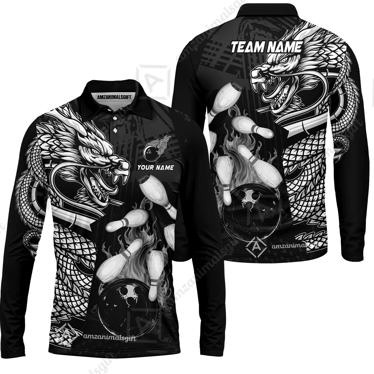 Custom Bowling Team Jerseys Polo Shirts, Bowling uniforms Bowling & Pins Dragon Flame Fire Multicolor Options Personalized Name And Team Name - Image 57