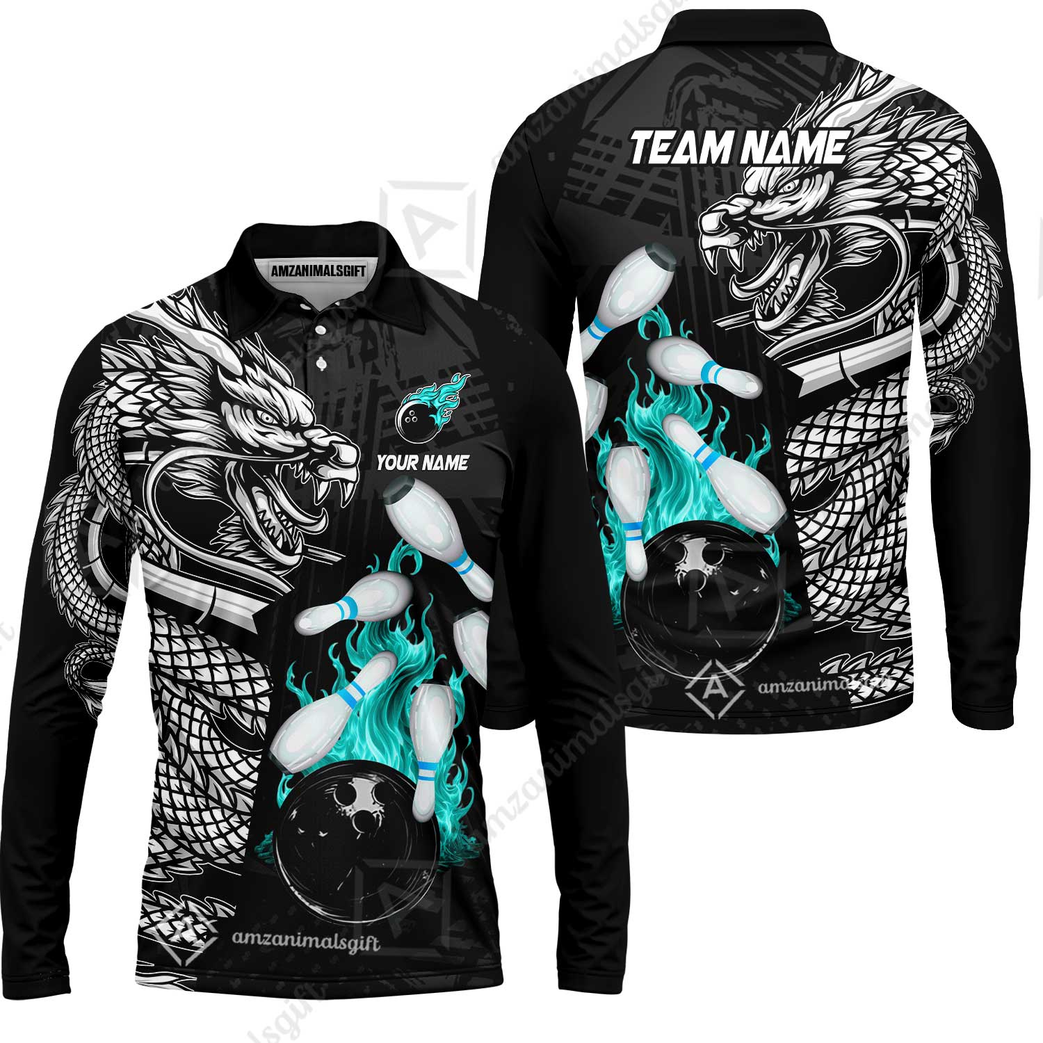 Custom Bowling Team Jerseys Polo Shirts, Bowling uniforms Bowling & Pins Dragon Flame Fire Multicolor Options Personalized Name And Team Name - Image 63