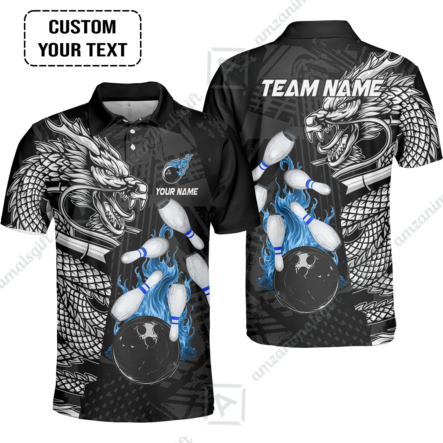 Custom Bowling Team Jerseys Polo Shirts, Bowling uniforms Bowling & Pins Dragon Flame Fire Multicolor Options Personalized Name And Team Name - Image 7