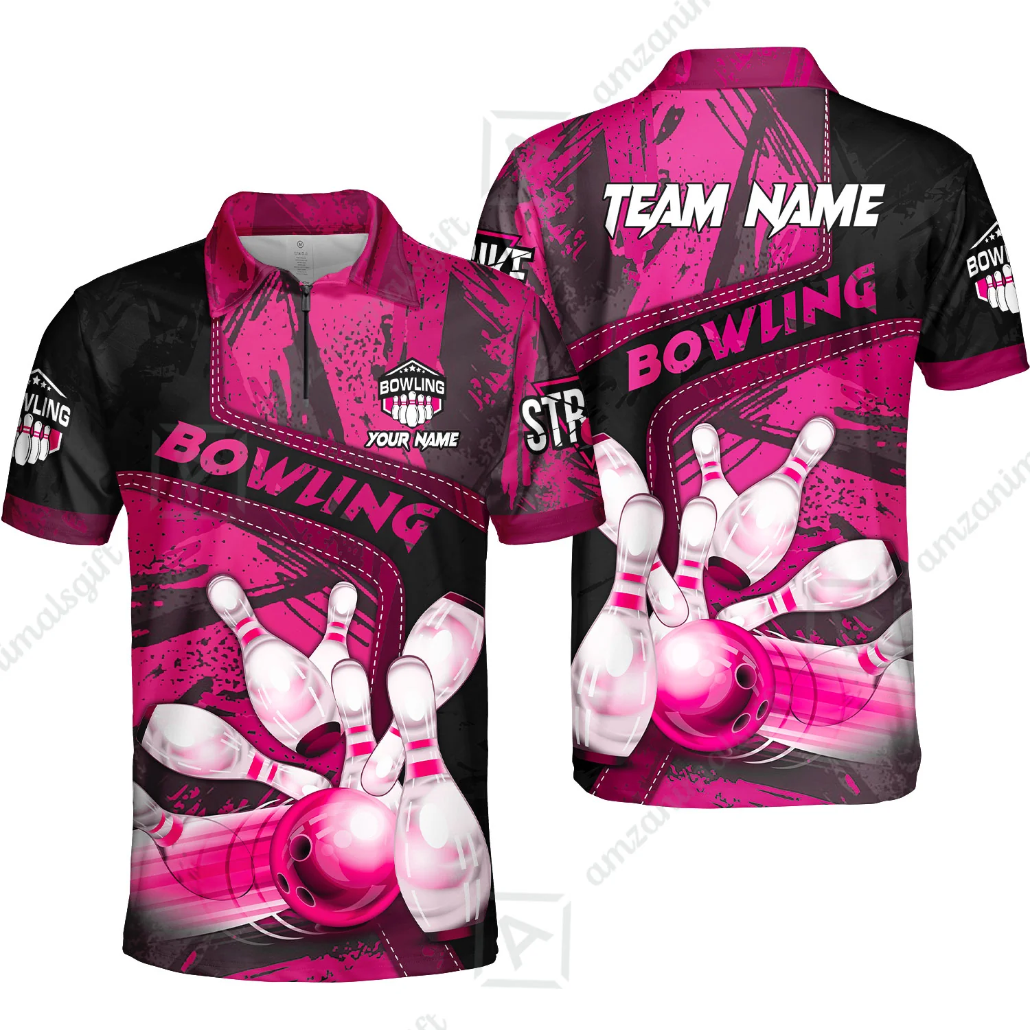 Custom Bowling Team Quater-Zip Polo Shirts, Bowling Uniforms Jerseys Brush Patterns, Multi Colors Personalized Name And Team Name - Image 4