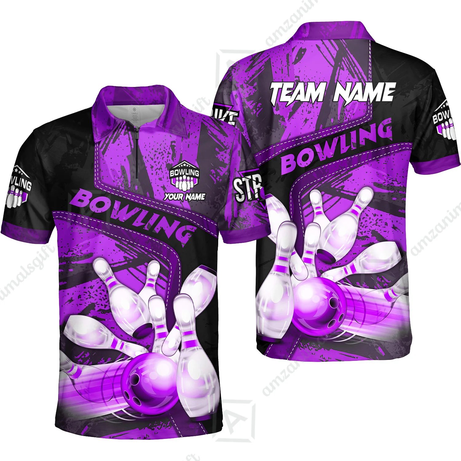 Custom Bowling Team Quater-Zip Polo Shirts, Bowling Uniforms Jerseys Brush Patterns, Multi Colors Personalized Name And Team Name - Image 5