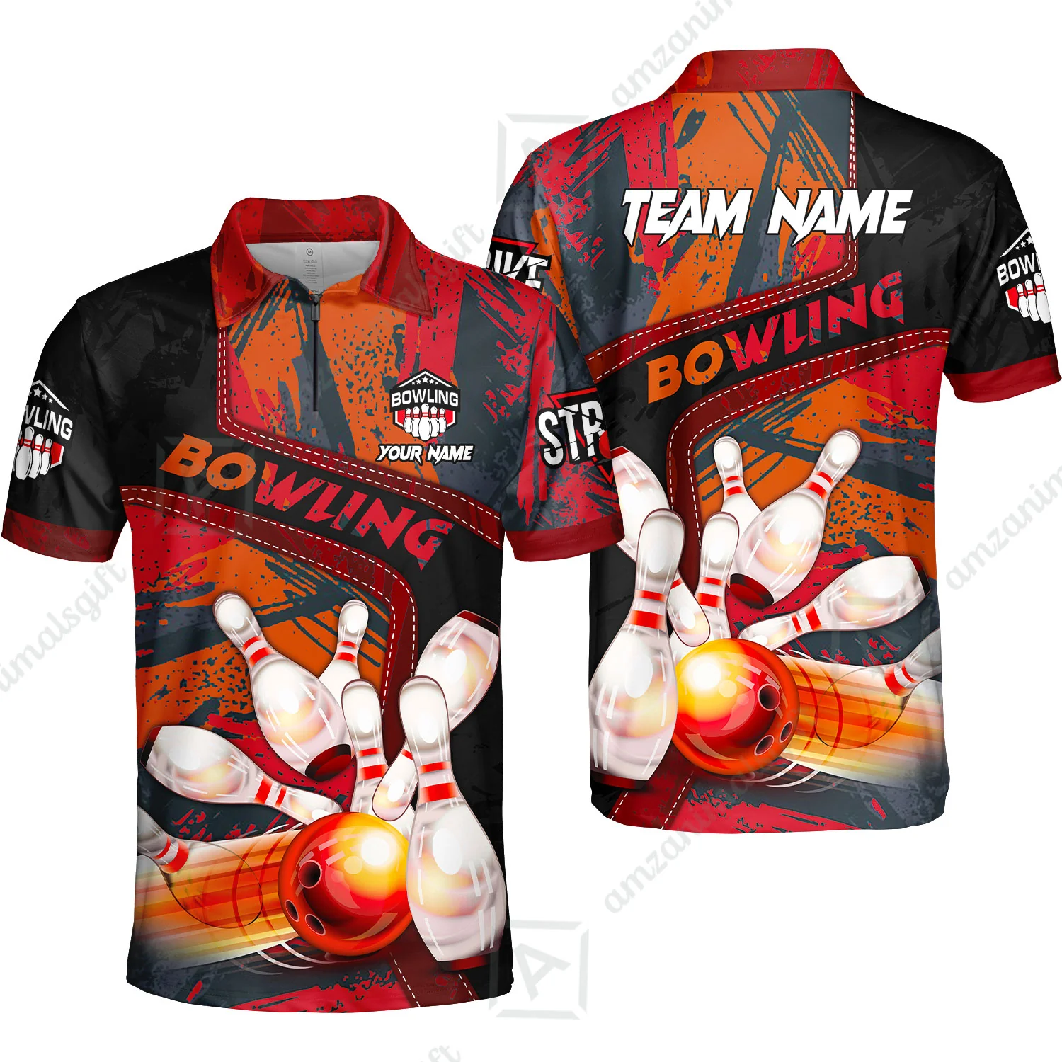 Custom Bowling Team Quater-Zip Polo Shirts, Bowling Uniforms Jerseys Brush Patterns, Multi Colors Personalized Name And Team Name - Image 6
