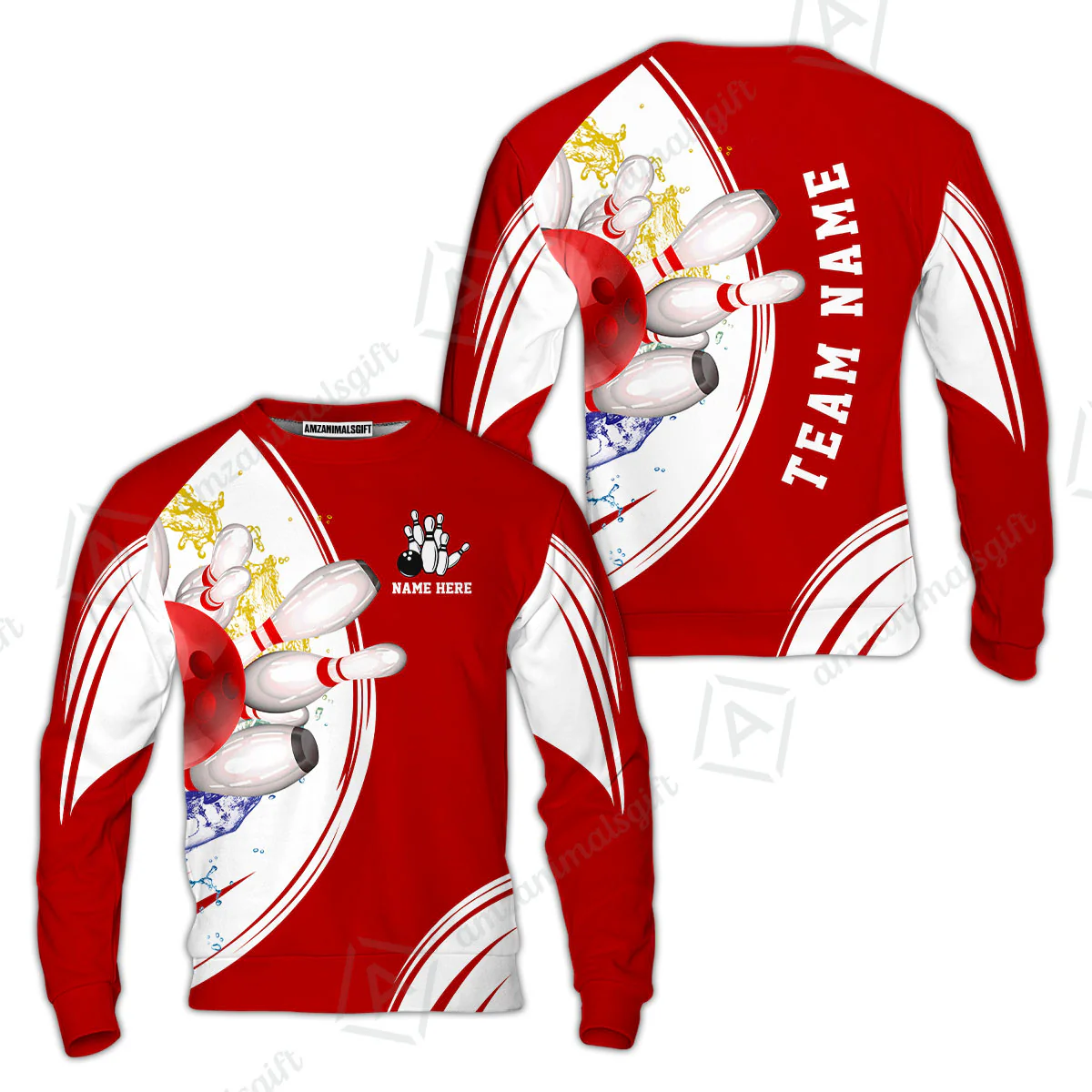 Custom Bowling Team Sweatshirt, Custom Cyan Red Blue Bowling Uniforms Jerseys, Personalized Name And Team Name