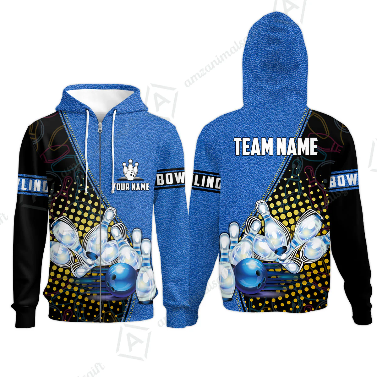 Custom Bowling Zip Hoodie - Black And Blue Bowling Ball Pattern Personalized Name Zip Hoodie - Image 4